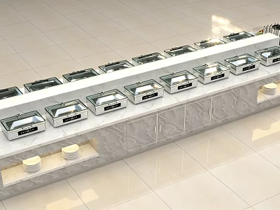 Cafeteria Buffet Setup with Long Counter Stainless Steel Food Containers and Tiled Floor 3d model