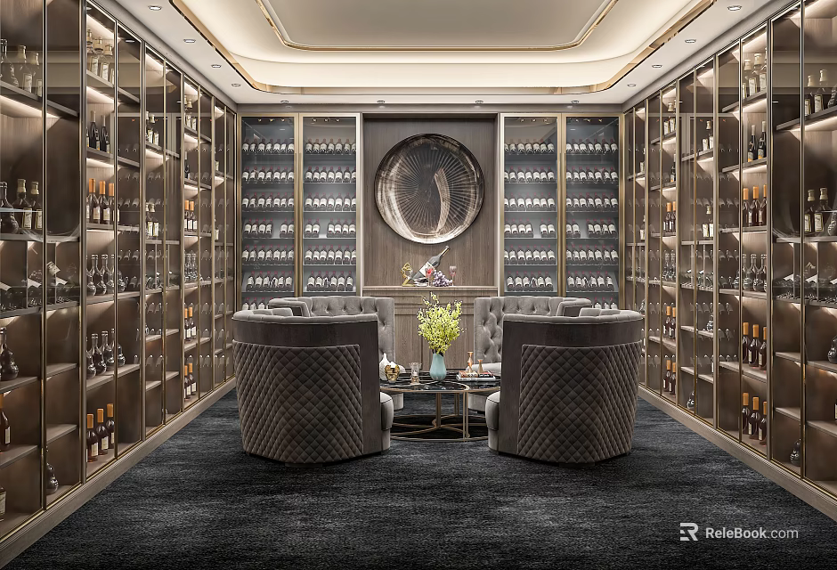 Luxury Modern Wine Cellar Interior With Seating And Wine Racks 3d model 