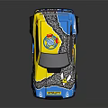 Modified Racing Car With Blue And Yellow Body Graphics Sporty Design And Aerodynamic Rear Spoiler