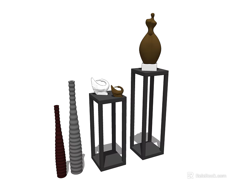 Decorative Ornament Set With Brown Vases White Accent And Black Display Stands 3d model 