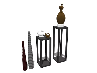 Decorative Ornament Set With Brown Vases White Accent And Black Display Stands 3d model