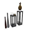 Decorative Ornament Set With Brown Vases White Accent And Black Display Stands