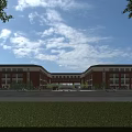 Modern Red Brick School Building With Symmetrical Design Green Lawn And Clear Blue Sky