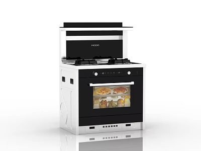 Modern Kitchen Appliance with Gas Stove Range Hood and Oven with Food Inside 3d model