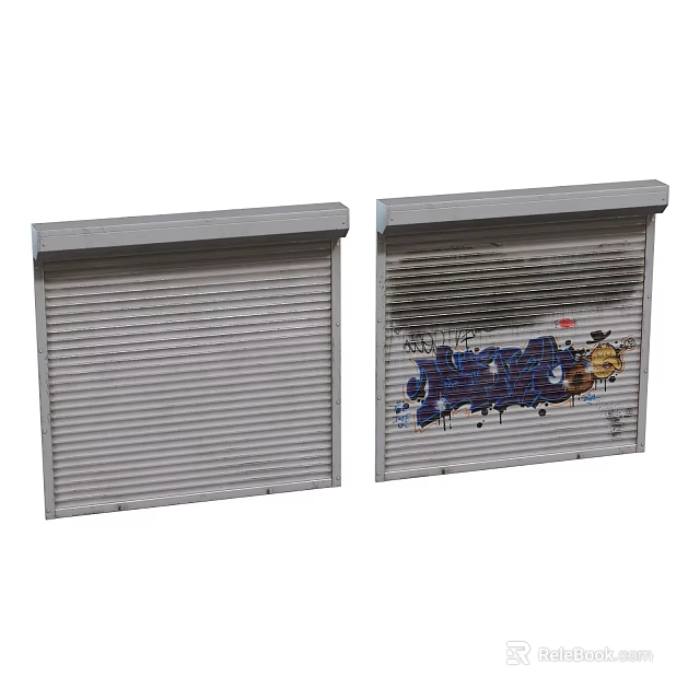 Clean and Graffiti Covered Roller Shutters Exterior View Side by Side 3d model
