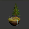 Cartoon Scene With Green Pine Tree Yellow Grass Stones Small Flowers And Floating Particles