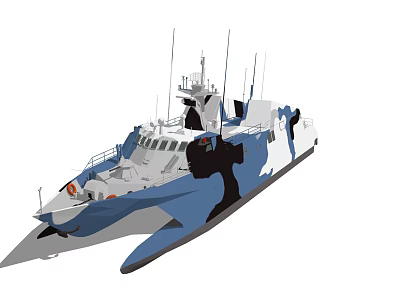 Blue And White Camouflage Catamaran Warship With Radar Systems Antennas And Deck Equipment 3d model