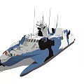 Blue And White Camouflage Catamaran Warship With Radar Systems Antennas And Deck Equipment