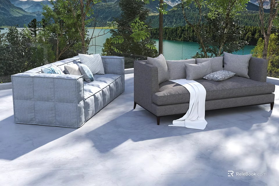 Outdoor Sectional Sofas With Light Dark Gray Upholstery White Throw Blanket Lake Mountain View 3d model 