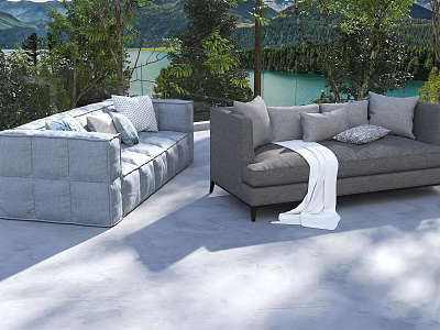 Outdoor Sectional Sofas With Light Dark Gray Upholstery White Throw Blanket Lake Mountain View 3d model