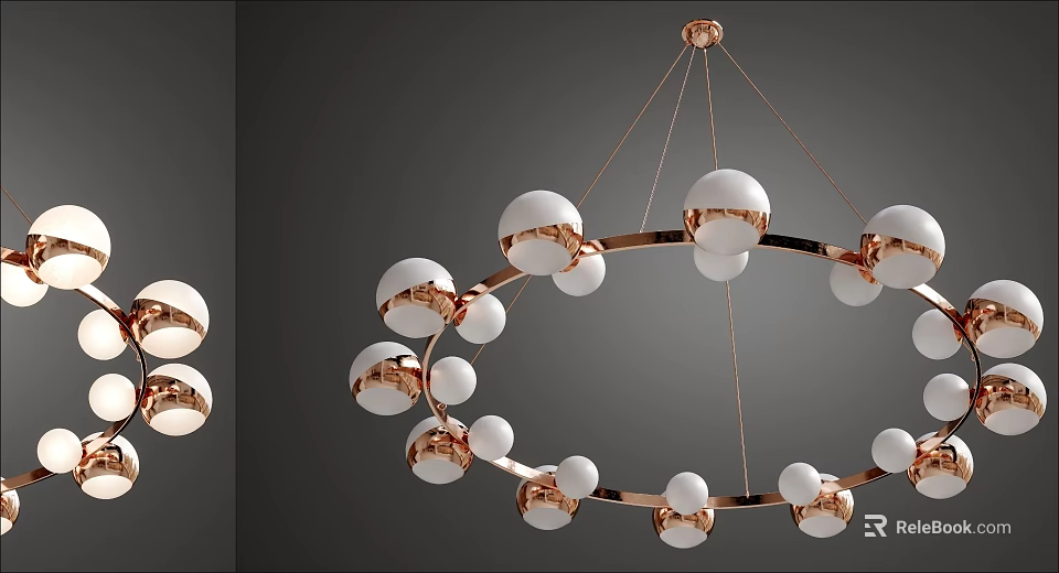 Modern Circular Chandelier With White Globe Lights And Copper Metal Frame Design 3d model 