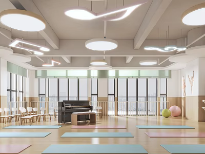 Bright Kindergarten Classroom With Ceiling Lights Large Windows Piano Small Chairs And Colorful Yoga Mats 3d model