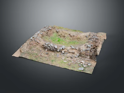 Rustic Natural Landscape With Scattered Stones Green Grass And Earth Pit 3d model