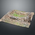 Rustic Natural Landscape With Scattered Stones Green Grass And Earth Pit