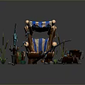 Blue and White Striped Armchair with Fishing Rods Fish Wooden Chest and Aquatic Plants