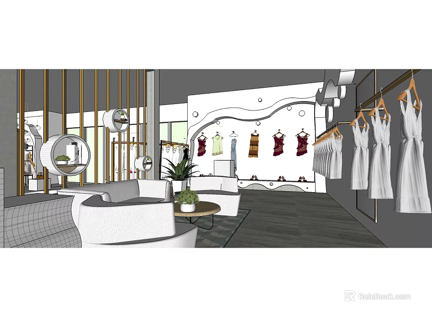 Modern Clothing Store Interior With Hanging Dresses White Sofas And Green Plants 3d model 