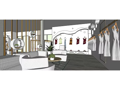 Modern Clothing Store Interior With Hanging Dresses White Sofas And Green Plants 3d model