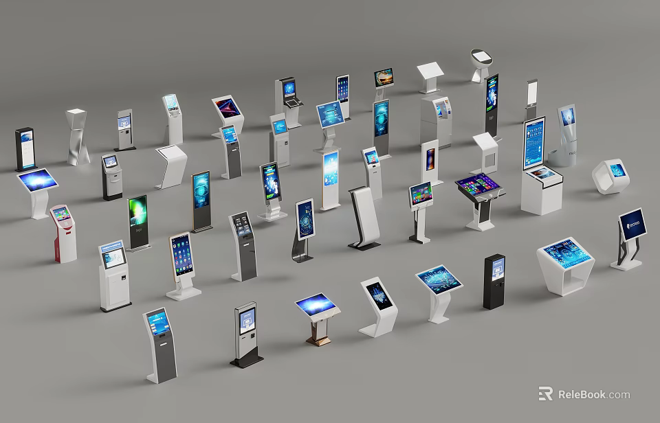 Various Self Service Kiosks With Different Designs Digital Screens And Modern Styles 3d model 