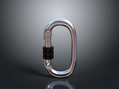 Shiny Silver Metallic Carabiner With Black Locking Mechanism And Smooth Reflective Surface 3d model