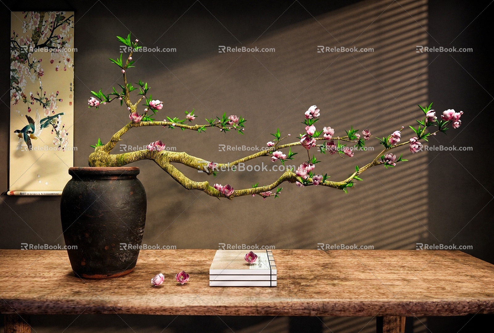 New Chinese Vase Flower Art Peach Blossom Branches Peach Blossom Flower Artwork Pottery Pot Flower Art End Scene Case Hanging Painting 3d model