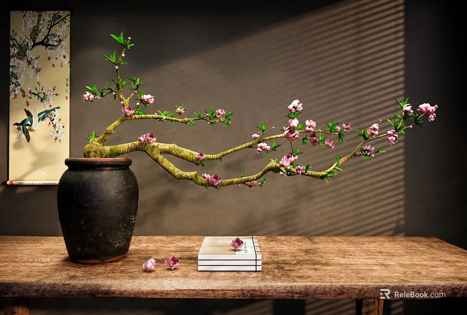 Decorative Ornament Set Featuring Black Pottery Jar Pink Flower Branch Books Petals On Wooden Tabletop 3d model 