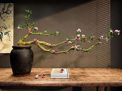 Decorative Ornament Set Featuring Black Pottery Jar Pink Flower Branch Books Petals On Wooden Tabletop 3d model