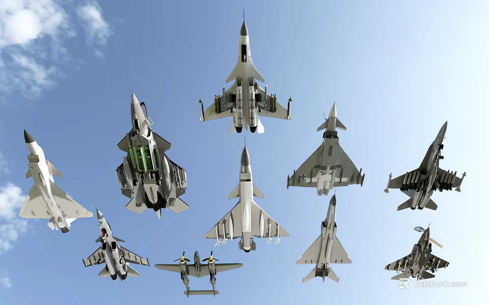 Multiple Fighter Jets Flying In Formation Against Clear Blue Sky 3d model