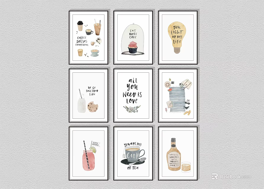 Stylish Decorative Wall Art Featuring Coffee Cup Cupcake Light Bulb And Quotes 3d model