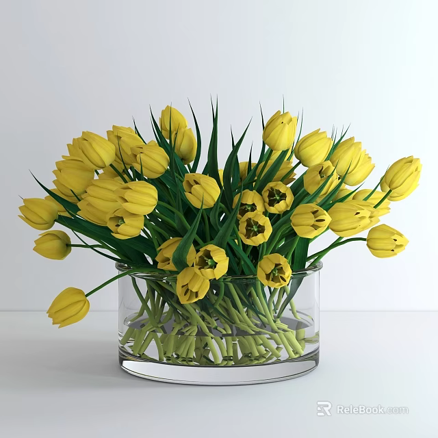 Yellow Tulips Arrangement in Transparent Glass Vase with Green Leaves 3d model 