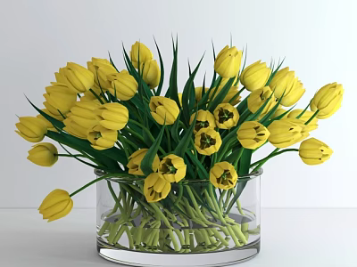 Yellow Tulips Arrangement in Transparent Glass Vase with Green Leaves 3d model