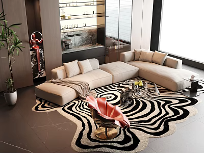 Modern Beige L Shaped Sofa And Coffee Table Set For Spacious Luxury Living Room Interior 3d model
