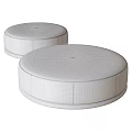 Light Grey and Dark Grey Round Ottoman with Gold Metal Base and Velvet Upholstery