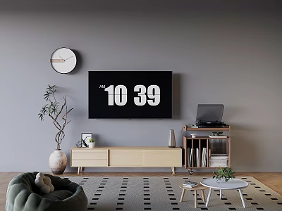 Modern TV Stand Living Room With TV Clock Plant Laptop Small Table And Rug 3d model