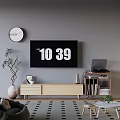 Modern TV Stand Living Room With TV Clock Plant Laptop Small Table And Rug