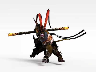 Modern Locker With Warrior Character Red Ornaments And Long Staff Design 3d model