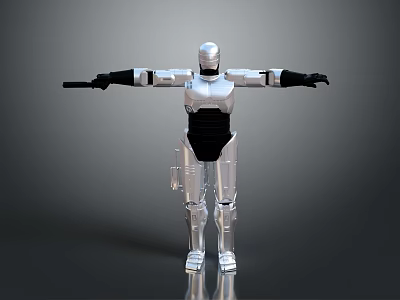 Futuristic Silver and Black Armored Robot Game and Movie Character With Extended Arms Holding Weapons 3d model