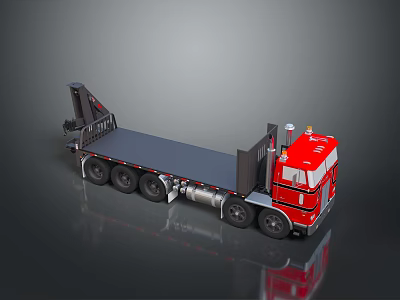 Red Flatbed Truck With Front Cab Multiple Wheels And Shiny Flatbed Surface 3d model