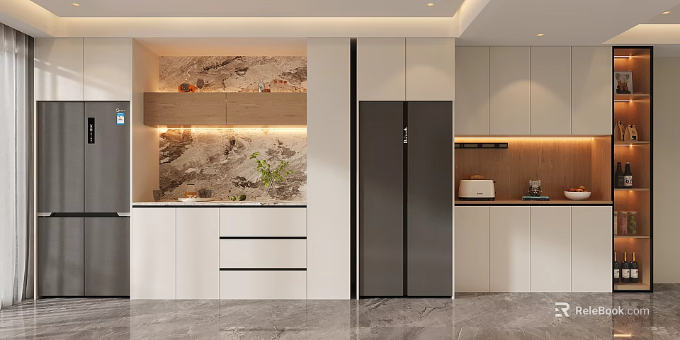 Modern Wine Cabinet In Open Kitchen With Glass Doors And LED Lighting Design 3d model 