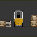 Yellow Forklift Transporting Wooden Crates On Tile Floor In Logistics Setting