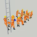 Group of Construction Workers in Orange Uniforms Using Ladder and Tools 3d model