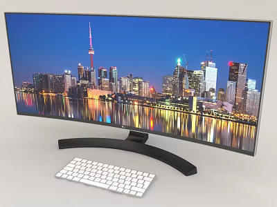Modern Curved Computer Monitor With White Keyboard High Definition City Night View 3d model