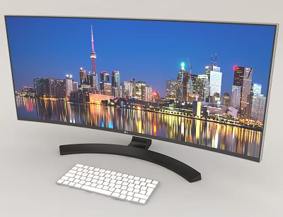 Modern Curved Computer Monitor With White Keyboard High Definition City Night View 3d model