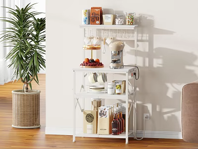 White Multi tier Storage Shelf With Coffee Machine And Kitchen Supplies In Living Room 3d model