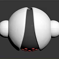 White Robot Figure With Black Center Red Dots Fork Like Arms And Red Fingers