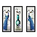Three Panel Peacock Paintings With Blue Peacocks And Green Vase Decorative Art