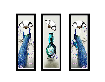 Three Panel Peacock Paintings With Blue Peacocks And Green Vase Decorative Art 3d model