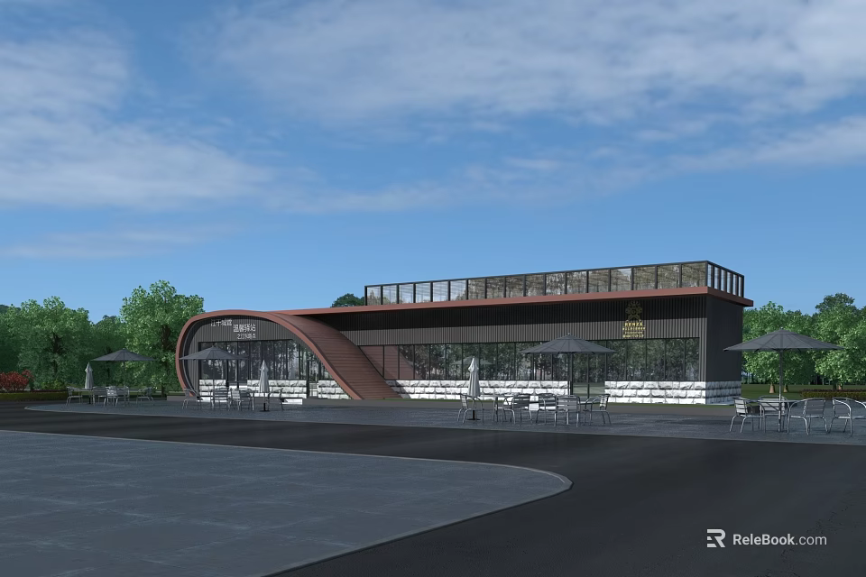 Modern Office Building With Curved Glass Facade Roof Terrace And Outdoor Seating Area 3d model 
