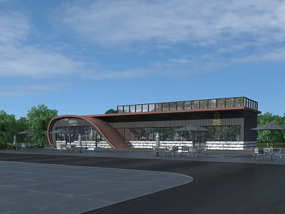 Modern Office Building With Curved Glass Facade Roof Terrace And Outdoor Seating Area 3d model