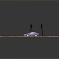 Blue Car Under Pink Palm Trees And Arch On Pink Grid Floor With Gray Background
