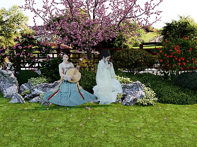 Garden Landscape With Traditional Costume Figures Cherry Blossom Tree Red Flowers Rocks And Grass 3d model